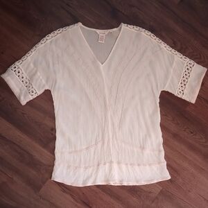 Sundance Women's Short Sleeve Boho Embroidered Ivory V-Neck Blouse Size XS